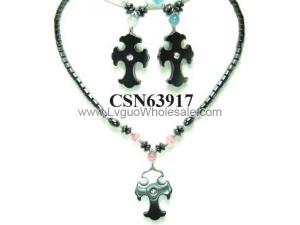 Colored Opal Stone Hematite Cross Pendant Charm Choker Collar Necklace